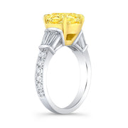 Yellow Cushion Cut Diamond Ring w Baguettes