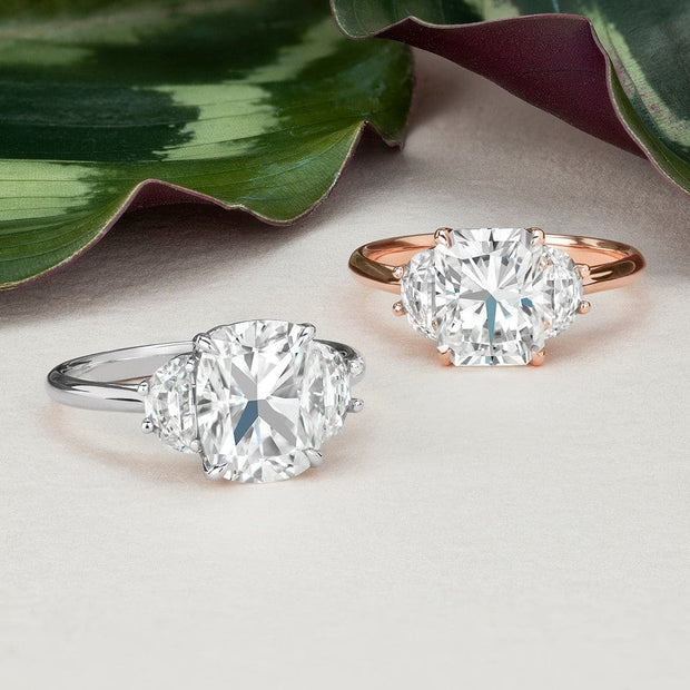 1.40 Ct. Cushion Cut w Half moon Diamonds 3-Stone Ring F Color VVS1 GIA Certified