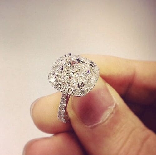 Halo Cushion Cut Diamond Ring on Hand