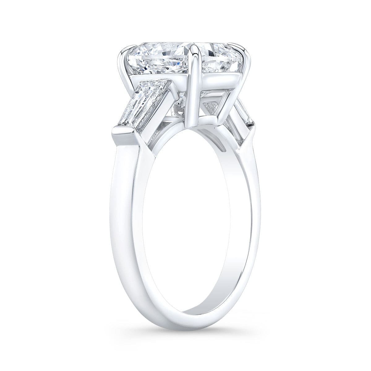 3 stone cushion cut engagement ring side view