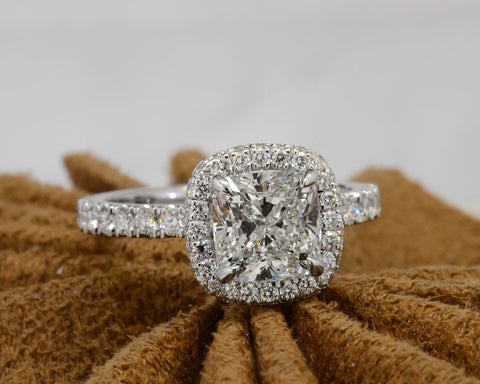 2.10 Ct. Halo + Hidden Halo Cushion Cut Diamond Ring G Color VS2 GIA Certified