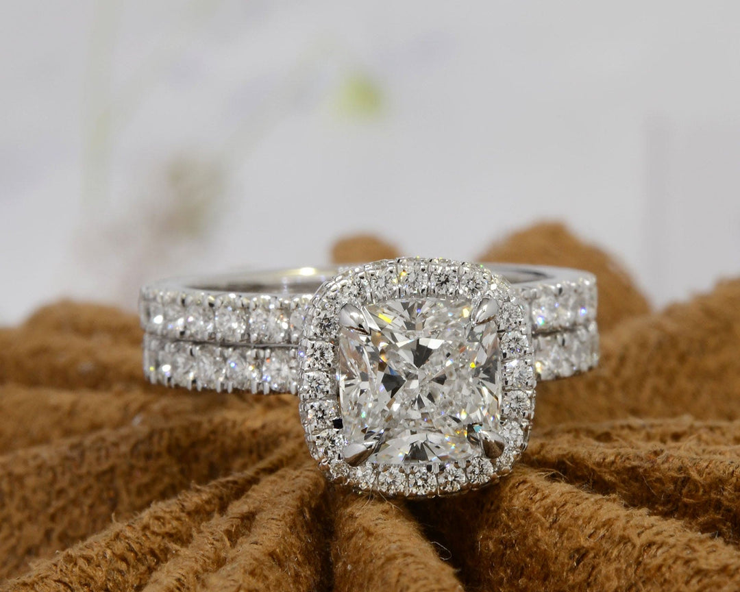 4.00 Ct Hidden Halo & Halo Cushion Cut Engagement Ring Set G Color VS2 GIA Certified