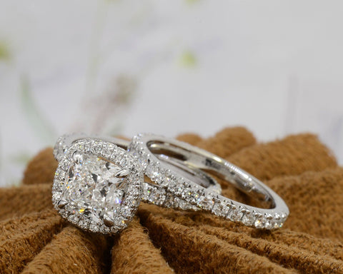 4.00 Ct Hidden Halo & Halo Cushion Cut Engagement Ring Set G Color VS2 GIA Certified