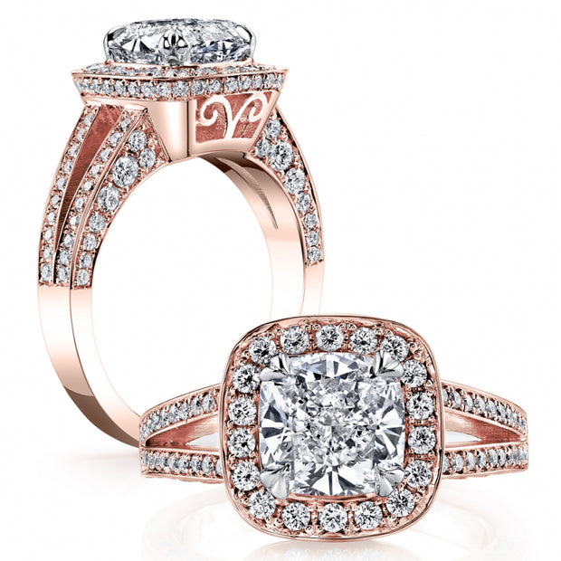 Halo Cushion Cut Engagement Ring Split Shank Rose Gold