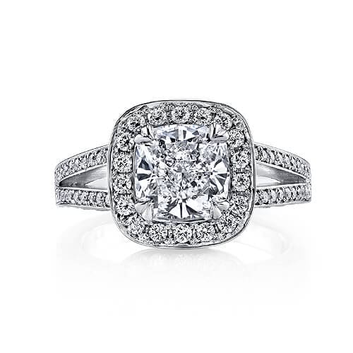 Halo cushion pave split shank diamond ring