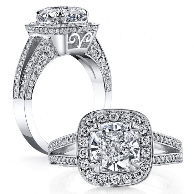 Halo Cushion Pave Split Shank Diamond Ring