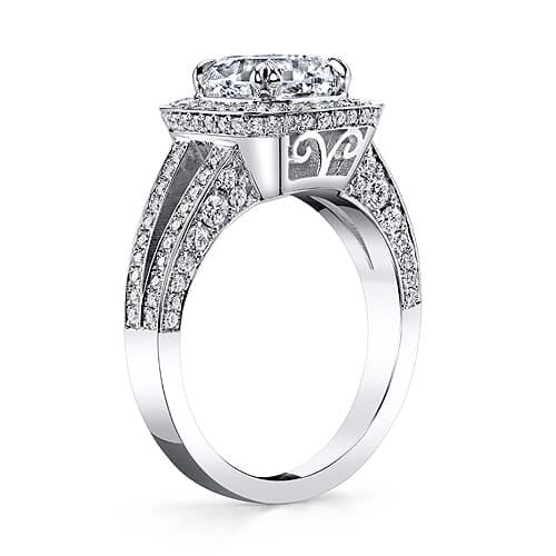 Halo cushion cut engagement ring split shank profile view