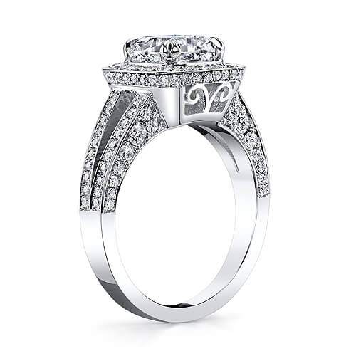 Halo cushion pave split shank diamond ring profile view