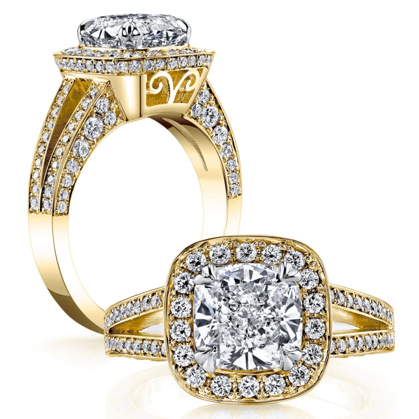 Cushion cut halo engagement ring split shank yellow
