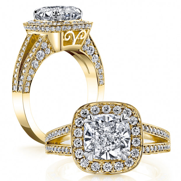 Halo Cushion Pave Split Shank Diamond Ring Yellow Gold