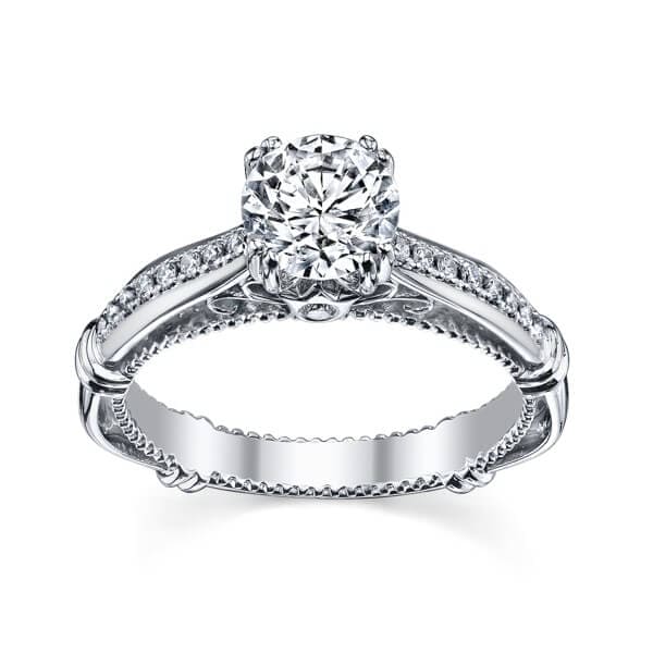 Round cut diamond verragio parisian pave double prong engagement ring