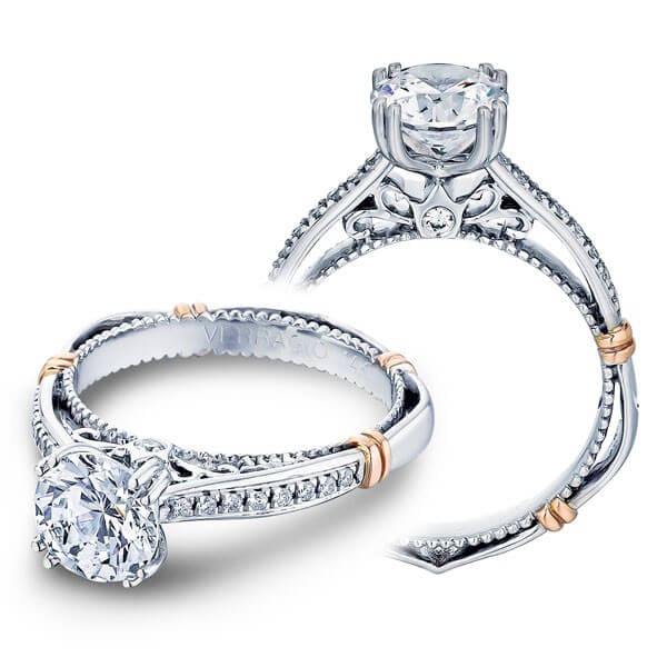 Round cut diamond verragio parisian pave double prong engagement ring