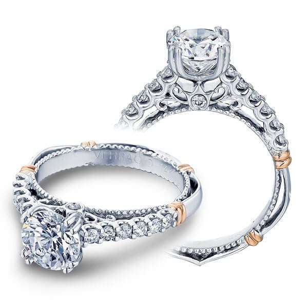Shared prong verragio parisian classic round cut diamond shoulder accented engagement ring