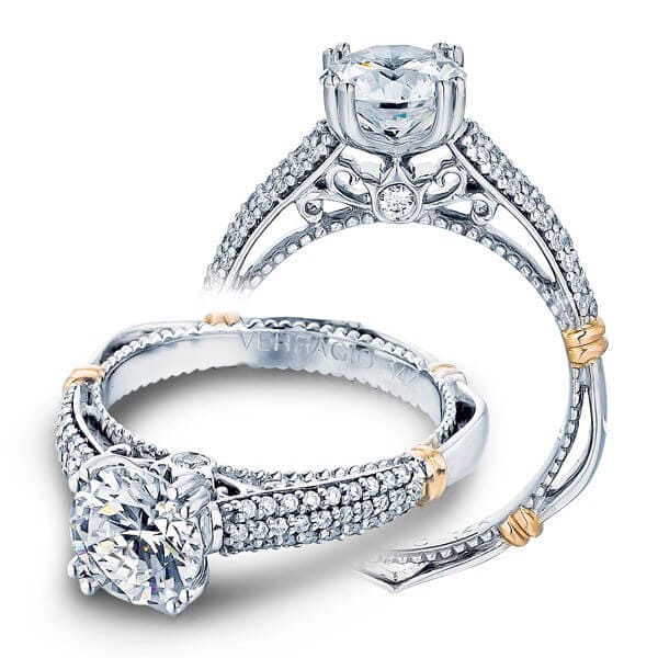 Triple row micro pave verragio parisian round cut diamond engagement ring