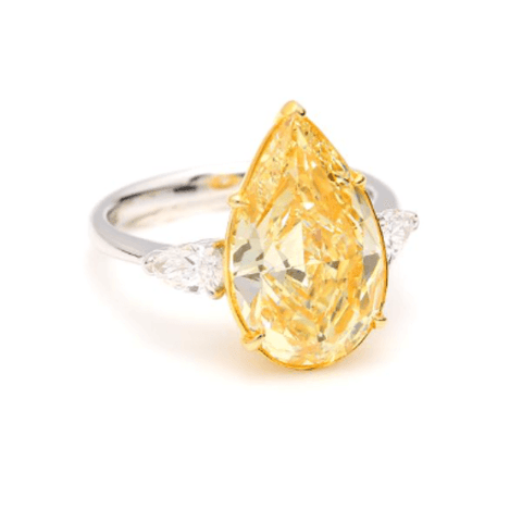 3 Stone Canary Fancy Yellow Pear Shaped Diamond Ring Front View