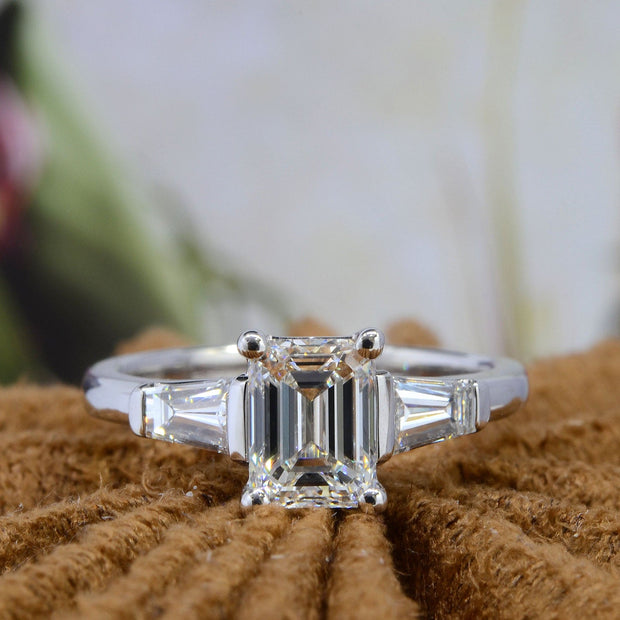 3 Stone Emerald cut diamond ring Front View