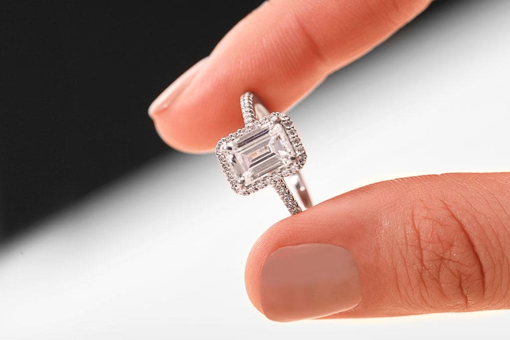 2.10 Ct. Halo Emerald Cut Engagement Ring & Band GIA F Color VS1 GIA Certified