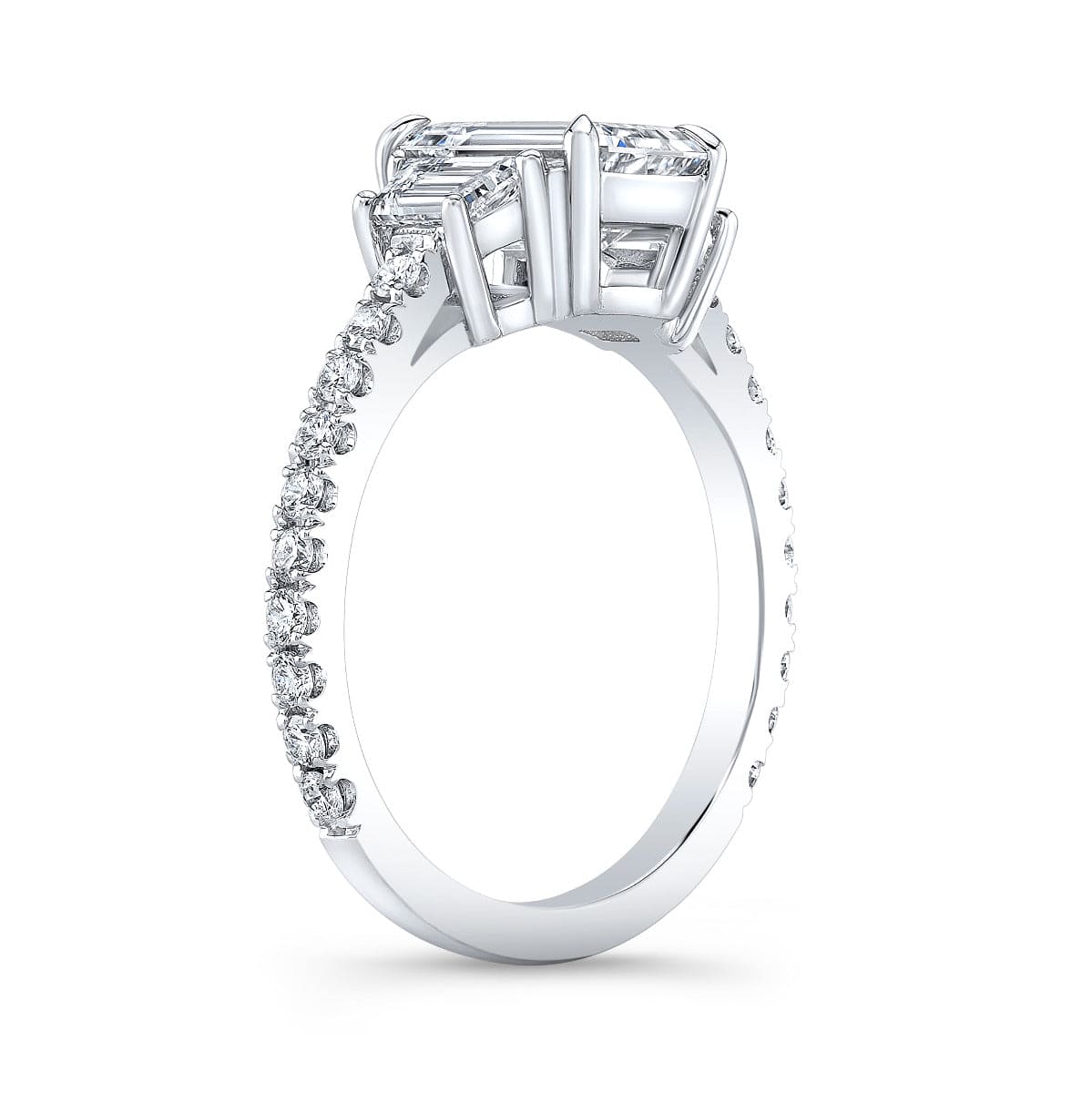 Emerald & trapezoids 3 stone diamond ring side profile