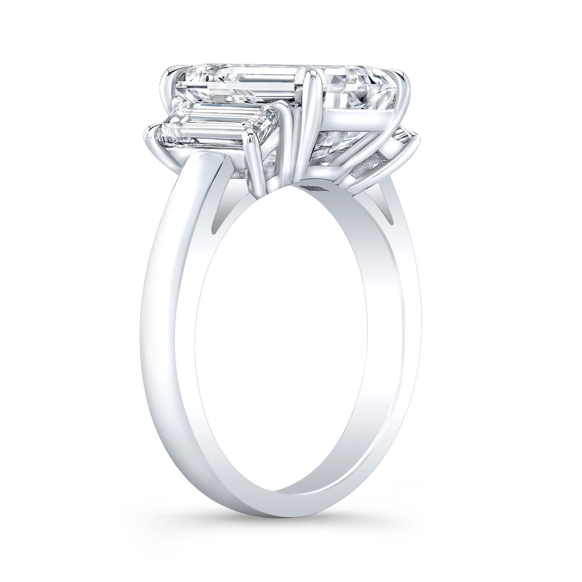Emerald cut & baguette 3 stone diamond ring side profile