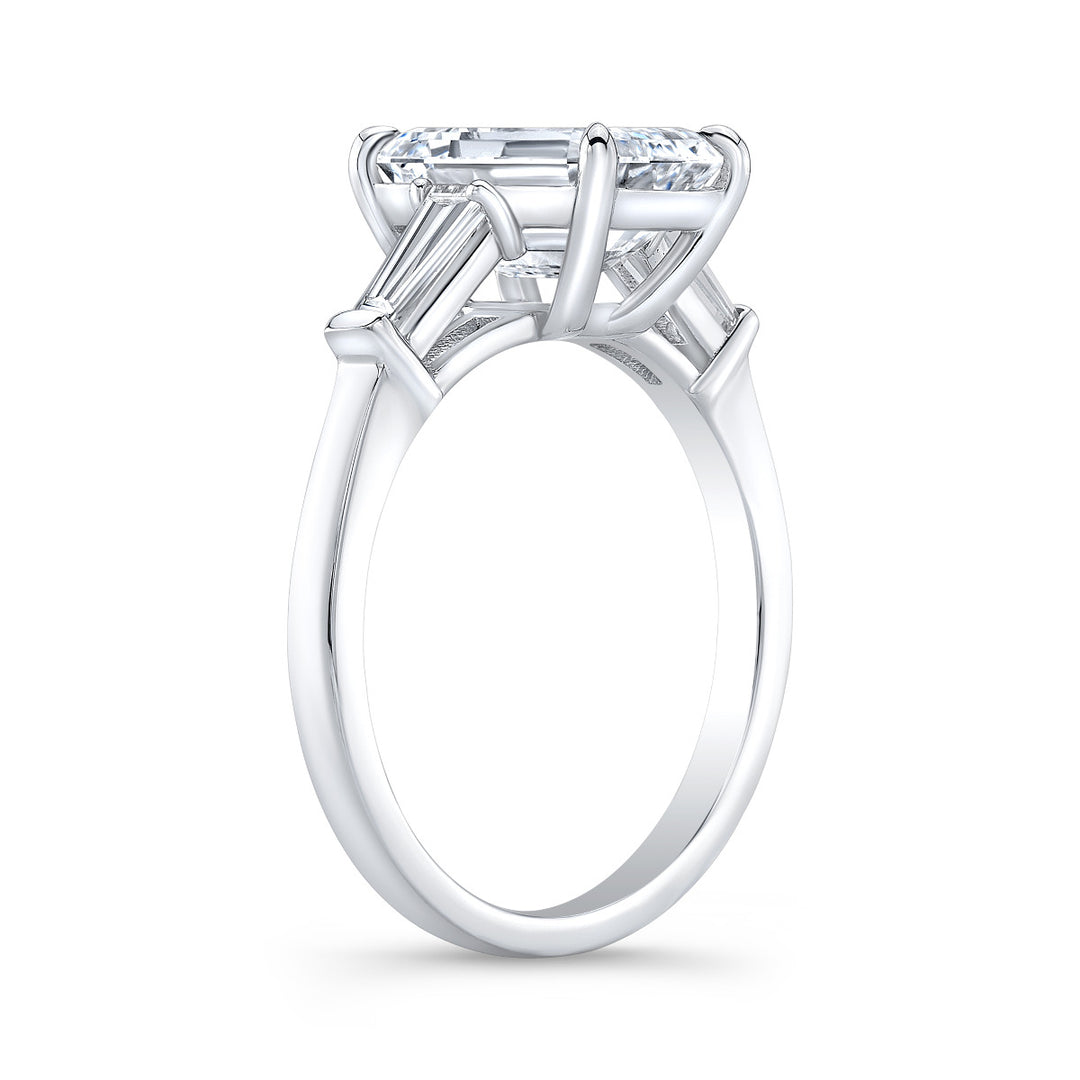 Three Stone Emerald Cut Diamond Ring Side view white gold