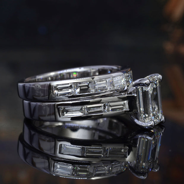Baguettes & Emerald Cut Engagement Ring Set Side View