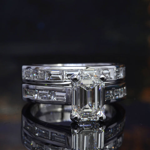Emerald Cut Diamond Ring Set Baguette Accents