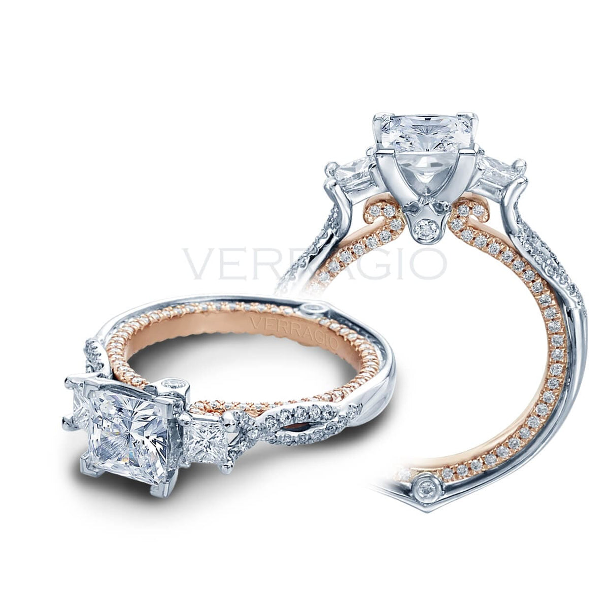 Verragio couture princess cut three stone diamond pave engagement cross over ring