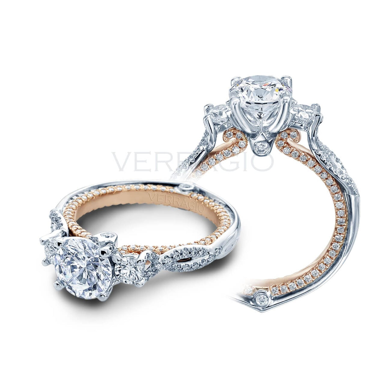 Round cut three stone verragio couture diamond pave engagement ring