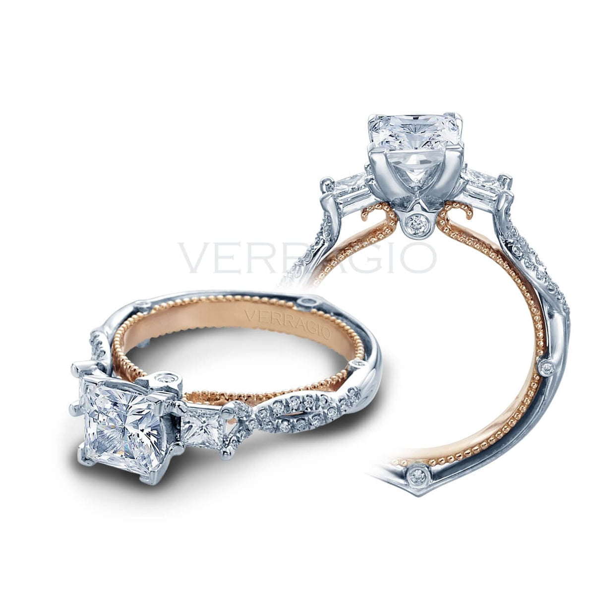 Cross over princess cut three stone verragio couture diamond pave engagement ring