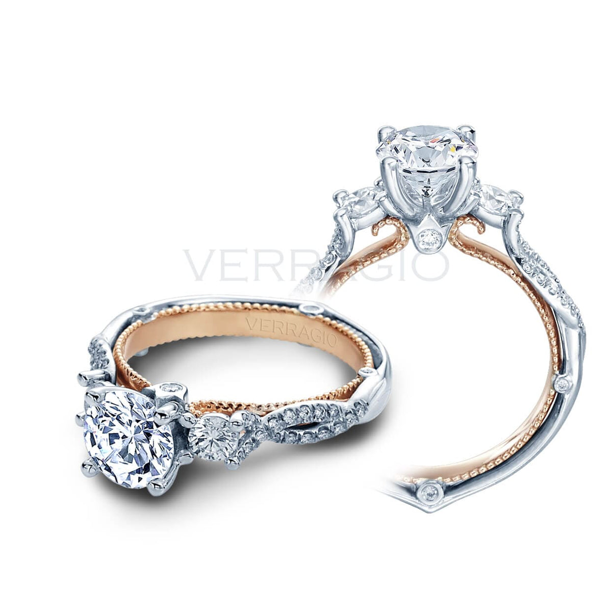 Round brilliant cut cross over verragio couture three stone diamond pave engagement ring