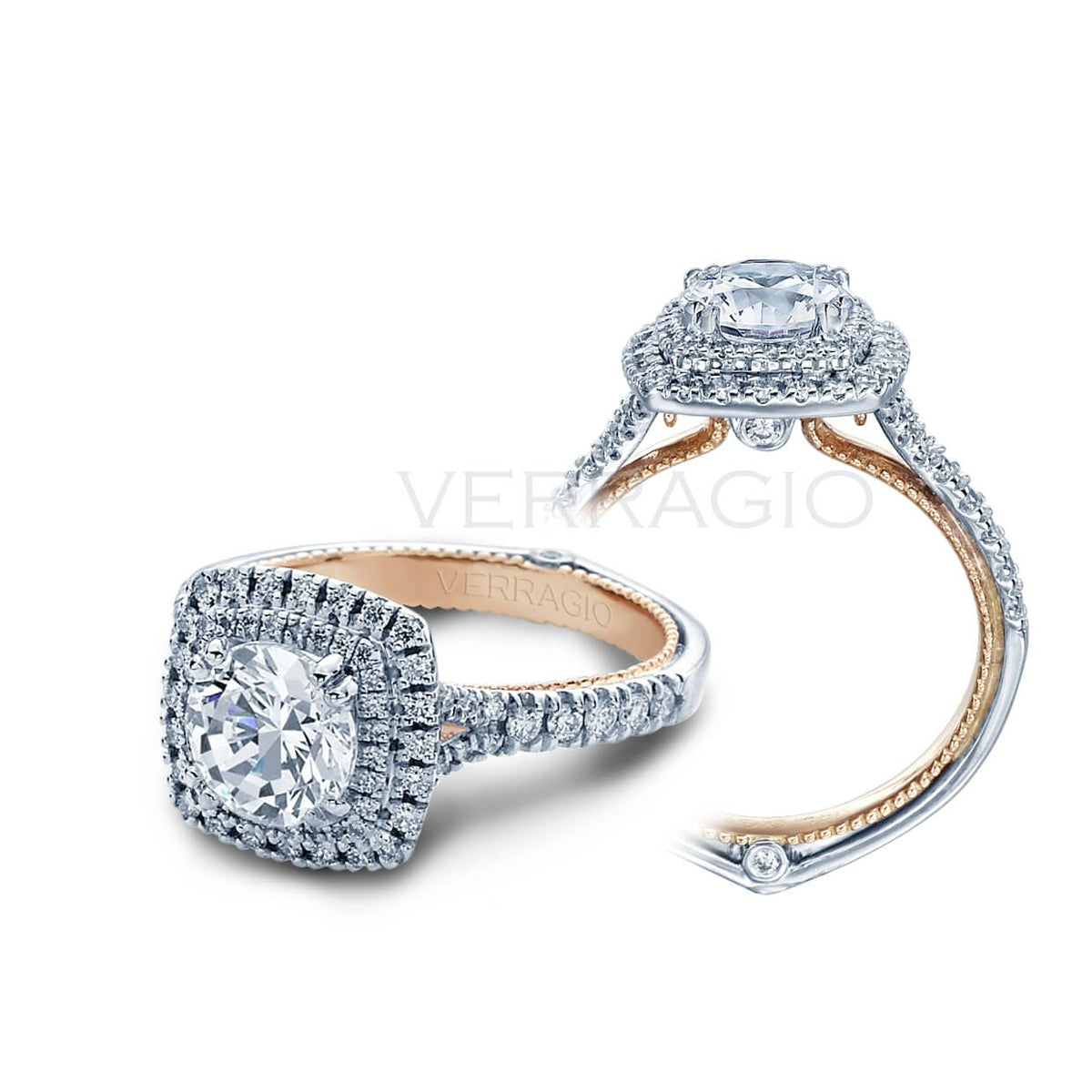 Double halo split shank verragio couture round brilliant cut diamond engagement ring
