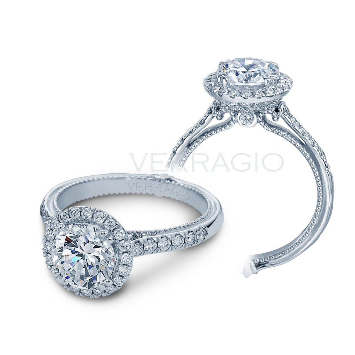Halo round cut verragio couture diamond pave engagement ring