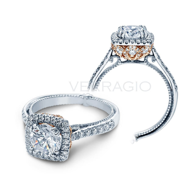 Floral Studded Verragio Couture Round Brilliant Cut Diamond Halo Floral Engagement Ring W/ Milgrain