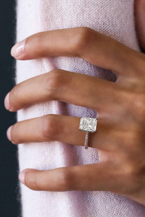 Radiant Cut Hidden Halo Diamond Ring on Hand