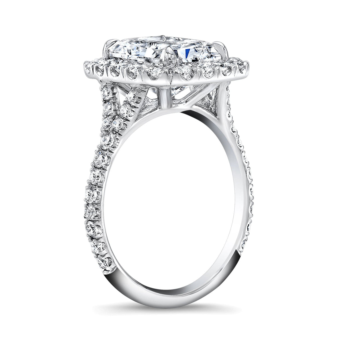 Elongated radiant cut split shank diamond ring side profile