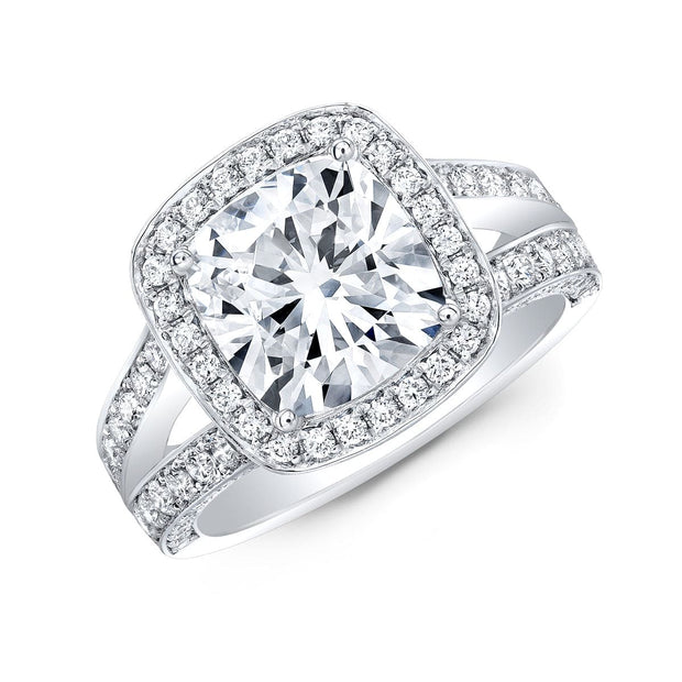 3.05 Ct. Cushion Cut Split Shank Halo Diamond Ring F Color VS1 GIA Certified