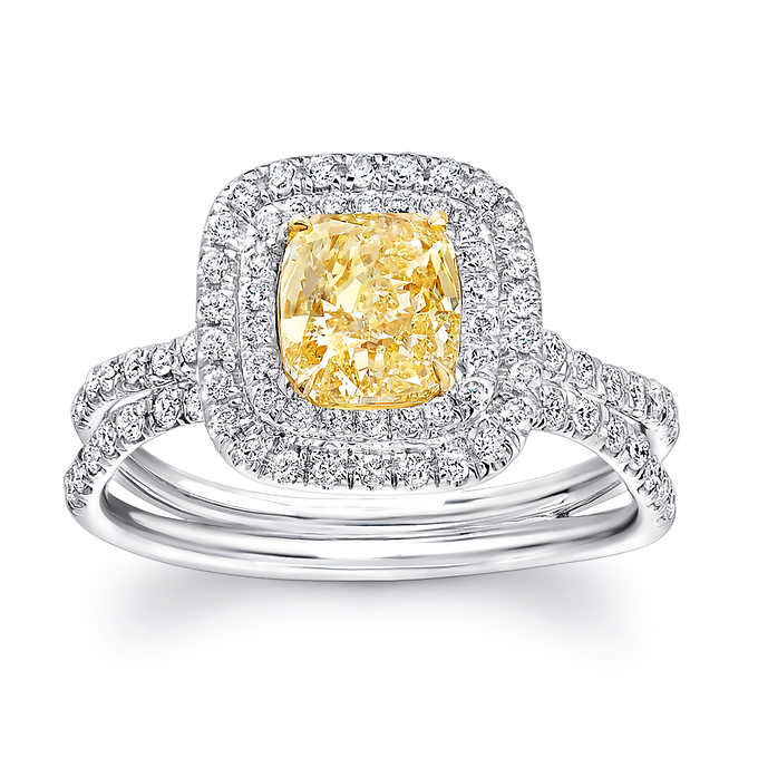 Dual Halo Canary Fancy Yellow Cushion Cut Diamond Ring Top View