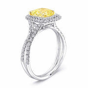  Dual Halo Canary Fancy Light Yellow Cushion Cut Diamond Ring Side View