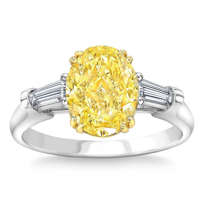 Oval cut canary fancy light yellow diamond ring w side baguettes