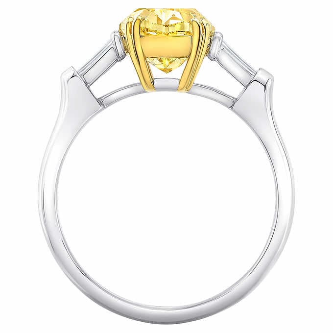 3 stone canary fancy yellow cushion cut engagement ring profile view