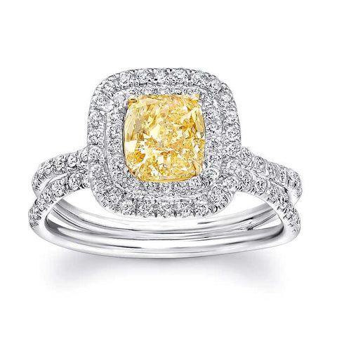  Dual Halo Canary Fancy Light Yellow Cushion Cut Diamond Ring Front View