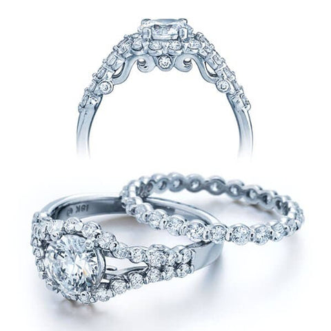 Halo Split Shank Verragio Insignia Round Brilliant Cut Diamond Engagement Ring Bar Set