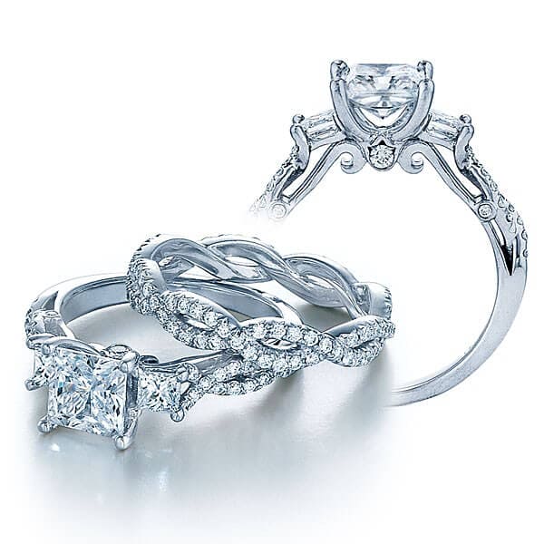 Cross over three stone verragio insignia princess cut diamond engagement ring