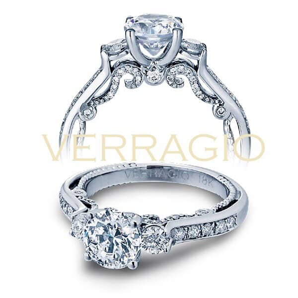 Pave Three Stone Verragio Insignia Round Cut Diamond Engagement Ring