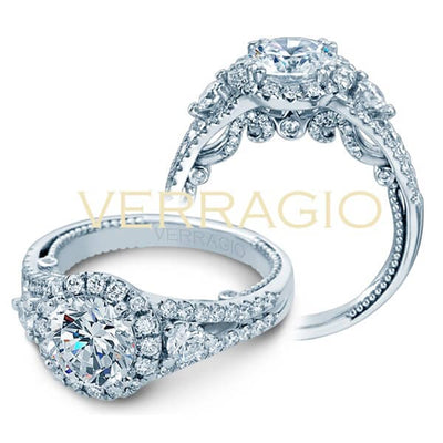 Designer Three Stone Round Cut Halo Diamond Engagement Ring From The Verragio Insignia Collection