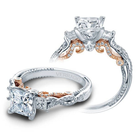 Criss Cross Three Stone Princess Cut Shank Verragio Insignia Diamond Engagement Ring Two Tone