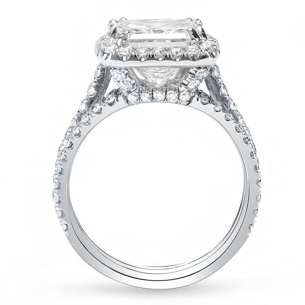 Halo Split Shank Cushion Cut Diamond Ring Profile View