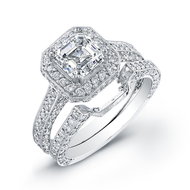 Halo asscher cut diamond ring set