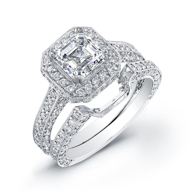 Halo asscher cut diamond ring set