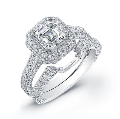 3.75 Ct Hidden Halo & Halo Asscher Cut Engagement Ring Set G Color VVS2 GIA Certified
